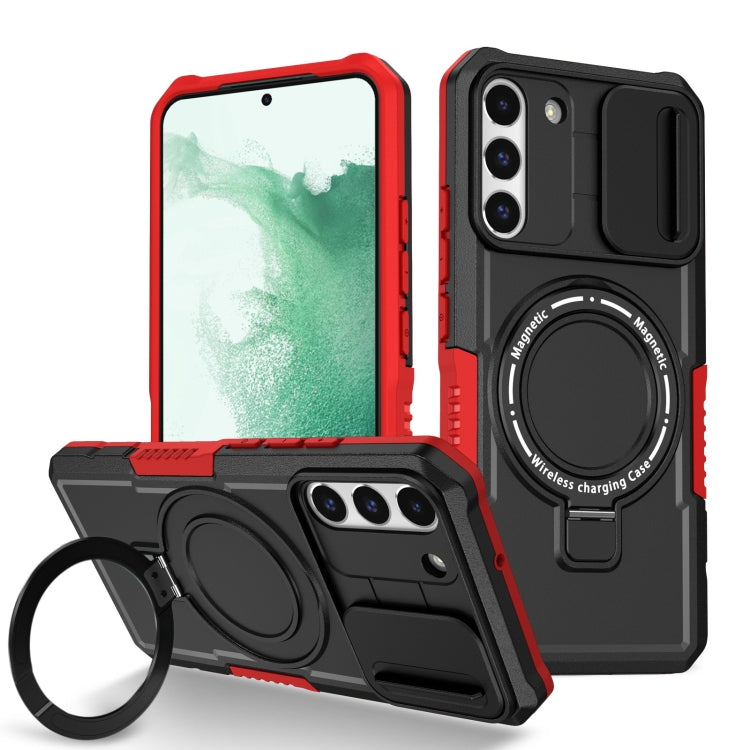 For Samsung Galaxy S22+ 5G Sliding Camshield Magsafe Holder TPU Hybrid PC Phone Case(Black Red)