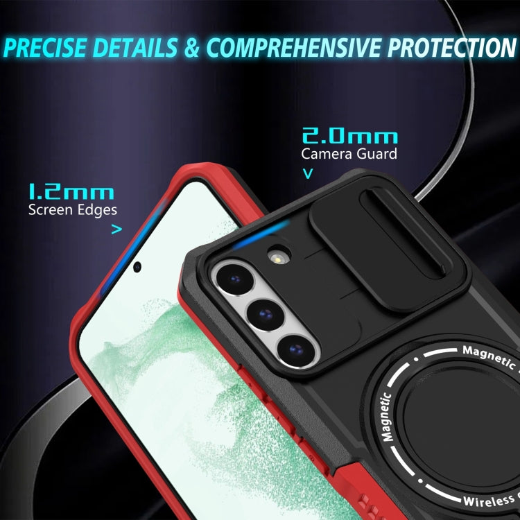 For Samsung Galaxy S22+ 5G Sliding Camshield Magsafe Holder TPU Hybrid PC Phone Case(Black Red)