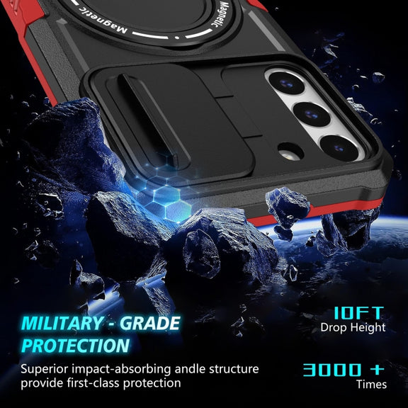 For Samsung Galaxy S22+ 5G Sliding Camshield Magsafe Holder TPU Hybrid PC Phone Case(Black Red)