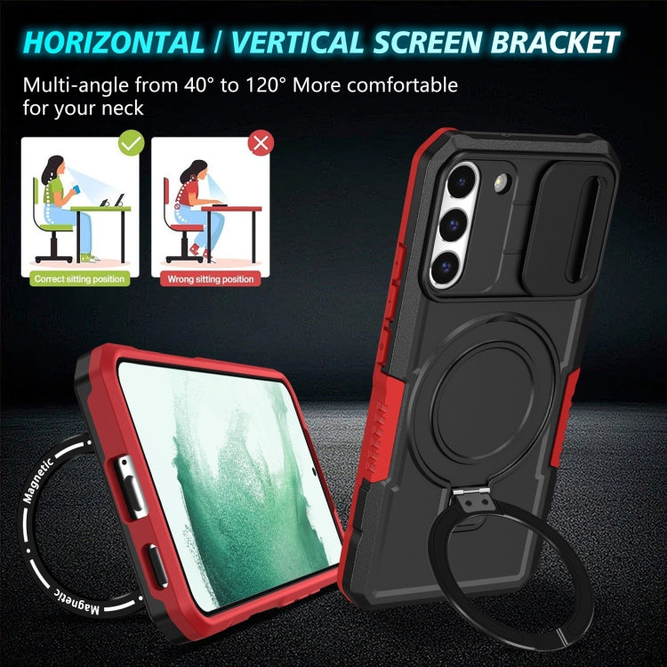 For Samsung Galaxy S22+ 5G Sliding Camshield Magsafe Holder TPU Hybrid PC Phone Case(Black Red)