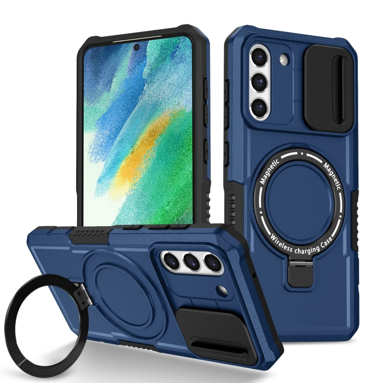 For Samsung Galaxy S21 FE 5G Sliding Camshield Magsafe Holder TPU Hybrid PC Phone Case(Royal Blue)