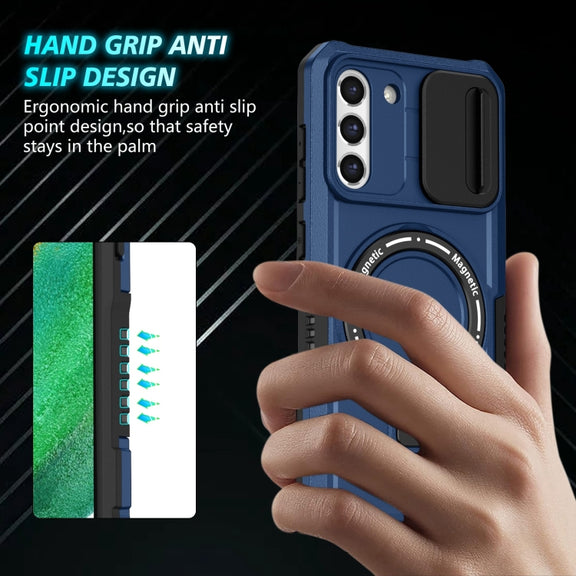 For Samsung Galaxy S21 FE 5G Sliding Camshield Magsafe Holder TPU Hybrid PC Phone Case(Royal Blue)