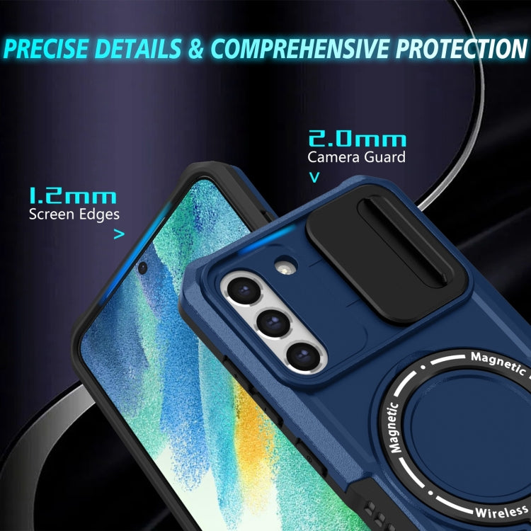 For Samsung Galaxy S21 FE 5G Sliding Camshield Magsafe Holder TPU Hybrid PC Phone Case(Royal Blue)