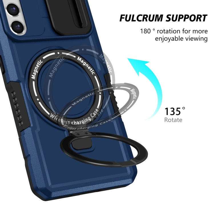 For Samsung Galaxy S21 FE 5G Sliding Camshield Magsafe Holder TPU Hybrid PC Phone Case(Royal Blue)