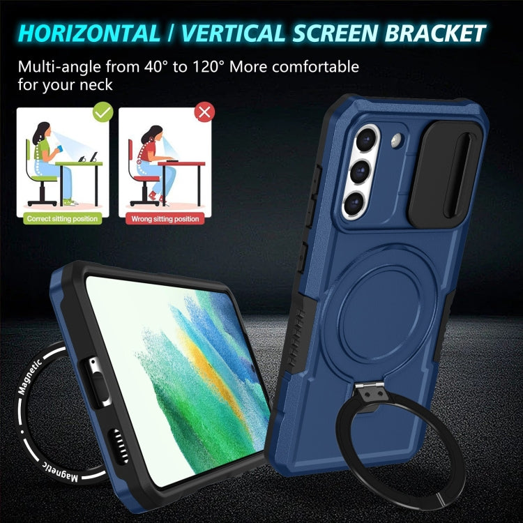 For Samsung Galaxy S21 FE 5G Sliding Camshield Magsafe Holder TPU Hybrid PC Phone Case(Royal Blue)