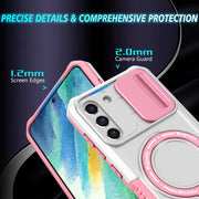 For Samsung Galaxy S21 FE 5G Sliding Camshield Magsafe Holder TPU Hybrid PC Phone Case(Pink White)