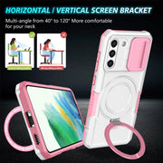 For Samsung Galaxy S21 FE 5G Sliding Camshield Magsafe Holder TPU Hybrid PC Phone Case(Pink White)