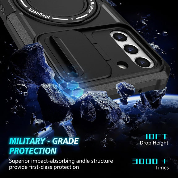 For Samsung Galaxy S21 FE 5G Sliding Camshield Magsafe Holder TPU Hybrid PC Phone Case(Black)