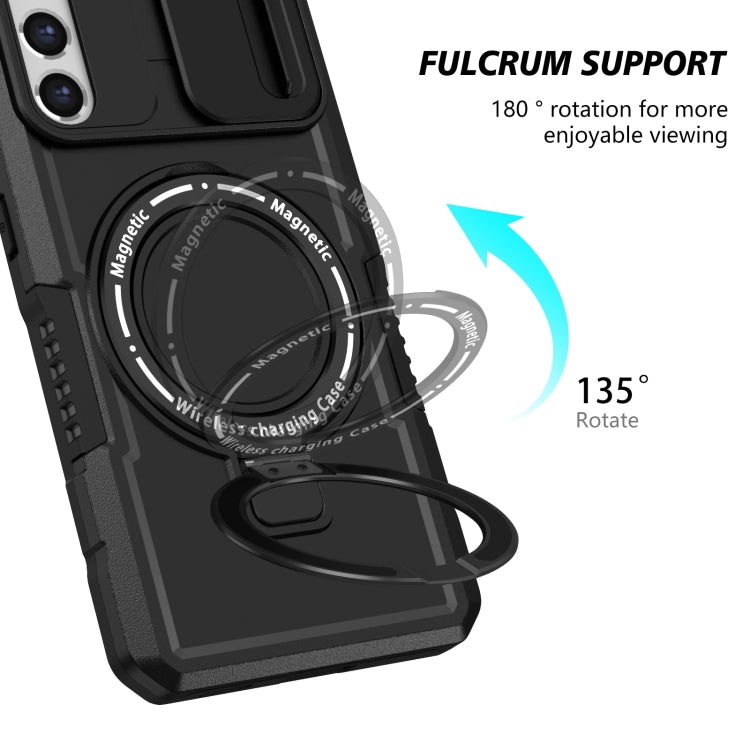 For Samsung Galaxy S21 FE 5G Sliding Camshield Magsafe Holder TPU Hybrid PC Phone Case(Black)