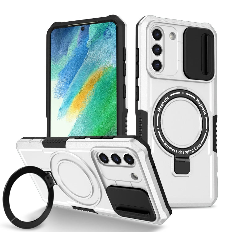 For Samsung Galaxy S21 FE 5G Sliding Camshield Magsafe Holder TPU Hybrid PC Phone Case(Black White)