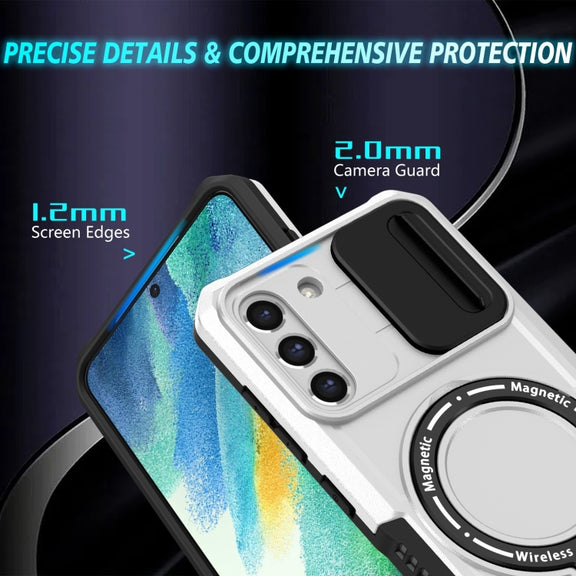 For Samsung Galaxy S21 FE 5G Sliding Camshield Magsafe Holder TPU Hybrid PC Phone Case(Black White)