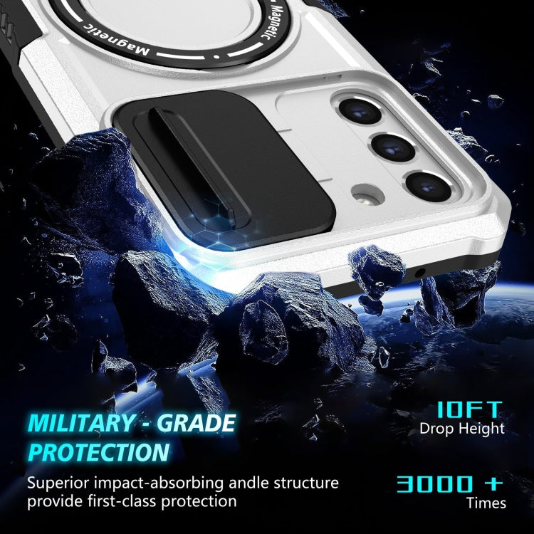 For Samsung Galaxy S21 FE 5G Sliding Camshield Magsafe Holder TPU Hybrid PC Phone Case(Black White)