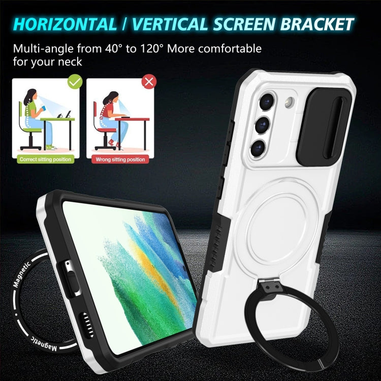 For Samsung Galaxy S21 FE 5G Sliding Camshield Magsafe Holder TPU Hybrid PC Phone Case(Black White)