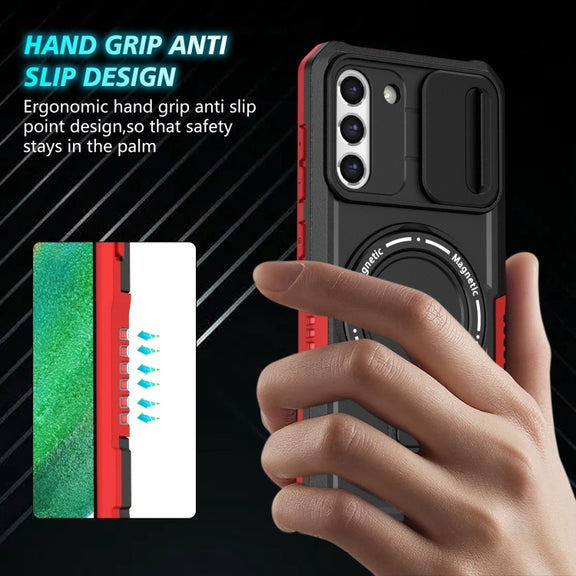 For Samsung Galaxy S21 FE 5G Sliding Camshield Magsafe Holder TPU Hybrid PC Phone Case(Black Red)