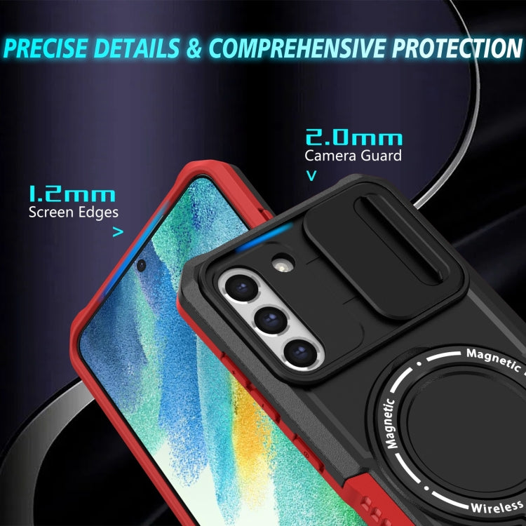 For Samsung Galaxy S21 FE 5G Sliding Camshield Magsafe Holder TPU Hybrid PC Phone Case(Black Red)