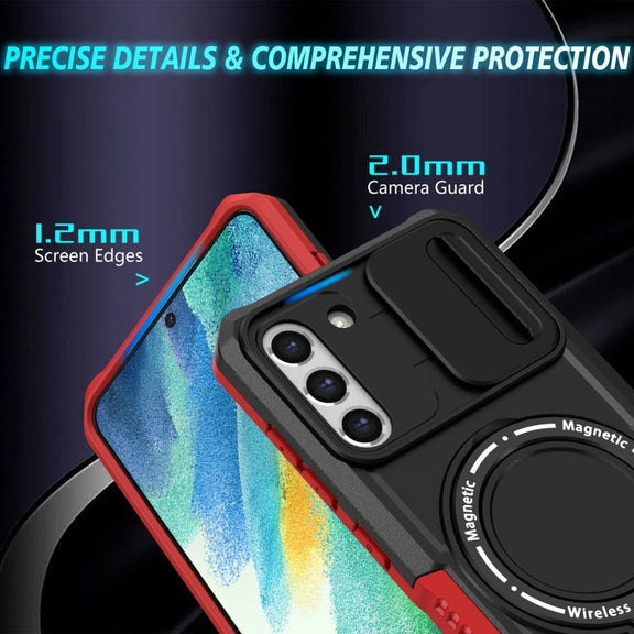 For Samsung Galaxy S21 FE 5G Sliding Camshield Magsafe Holder TPU Hybrid PC Phone Case(Black Red)