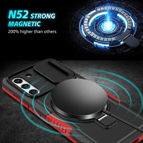 For Samsung Galaxy S21 FE 5G Sliding Camshield Magsafe Holder TPU Hybrid PC Phone Case(Black Red)
