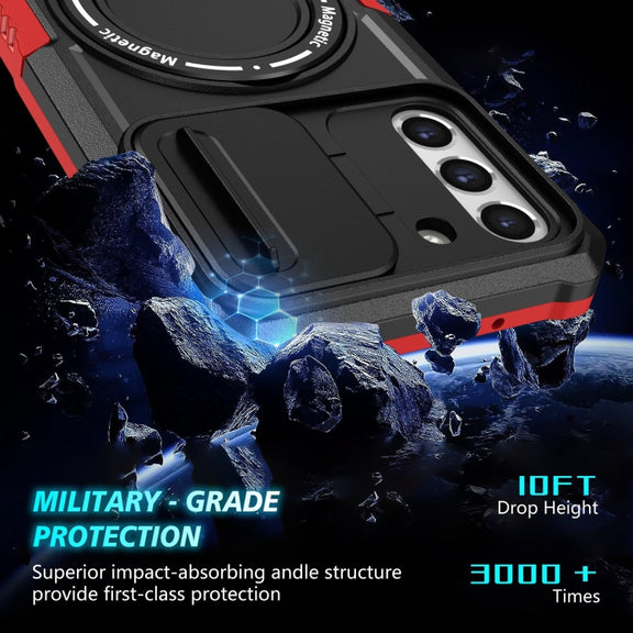 For Samsung Galaxy S21 FE 5G Sliding Camshield Magsafe Holder TPU Hybrid PC Phone Case(Black Red)