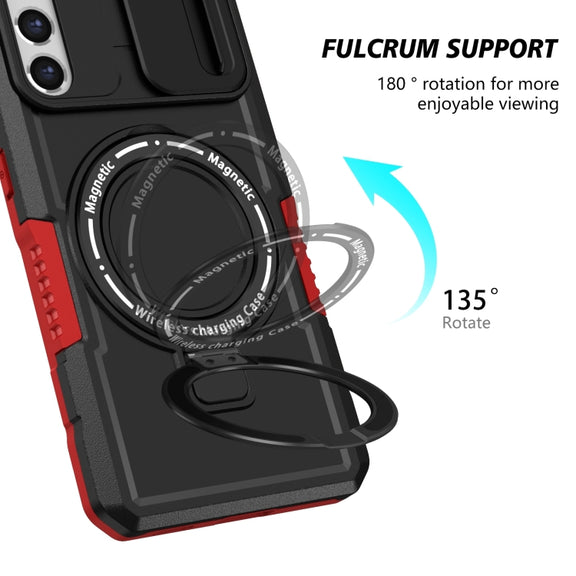 For Samsung Galaxy S21 FE 5G Sliding Camshield Magsafe Holder TPU Hybrid PC Phone Case(Black Red)