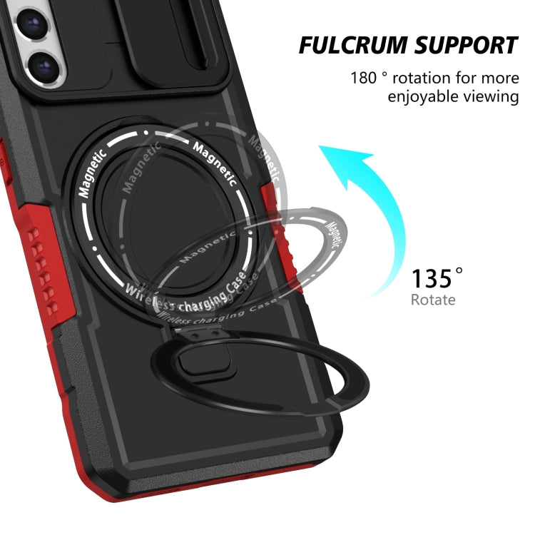 For Samsung Galaxy S21 FE 5G Sliding Camshield Magsafe Holder TPU Hybrid PC Phone Case(Black Red)