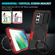 For Samsung Galaxy S21 FE 5G Sliding Camshield Magsafe Holder TPU Hybrid PC Phone Case(Black Red)