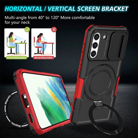 For Samsung Galaxy S21 FE 5G Sliding Camshield Magsafe Holder TPU Hybrid PC Phone Case(Black Red)