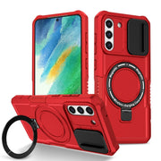 For Samsung Galaxy S21 FE 5G Sliding Camshield Magsafe Holder TPU Hybrid PC Phone Case(Red)