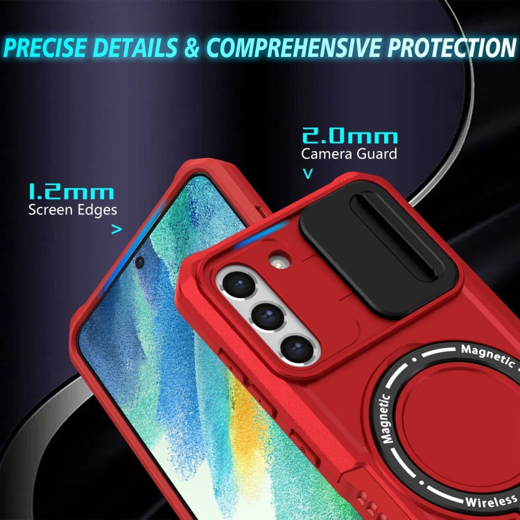 For Samsung Galaxy S21 FE 5G Sliding Camshield Magsafe Holder TPU Hybrid PC Phone Case(Red)