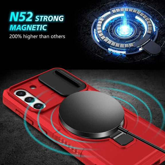 For Samsung Galaxy S21 FE 5G Sliding Camshield Magsafe Holder TPU Hybrid PC Phone Case(Red)