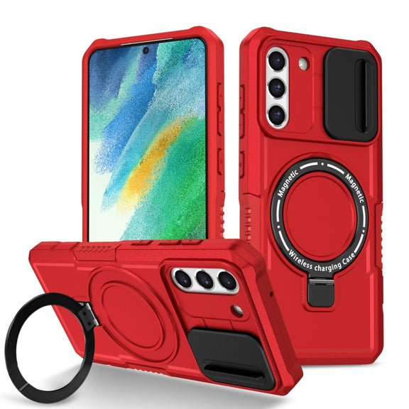 For Samsung Galaxy S21 FE 5G Sliding Camshield Magsafe Holder TPU Hybrid PC Phone Case(Red)