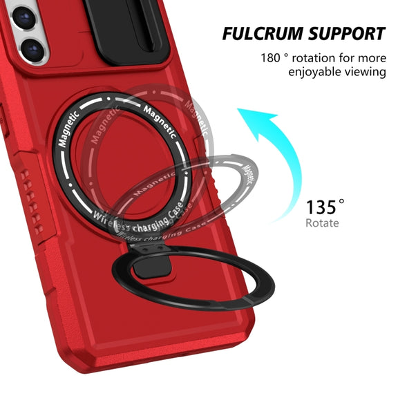 For Samsung Galaxy S21 FE 5G Sliding Camshield Magsafe Holder TPU Hybrid PC Phone Case(Red)