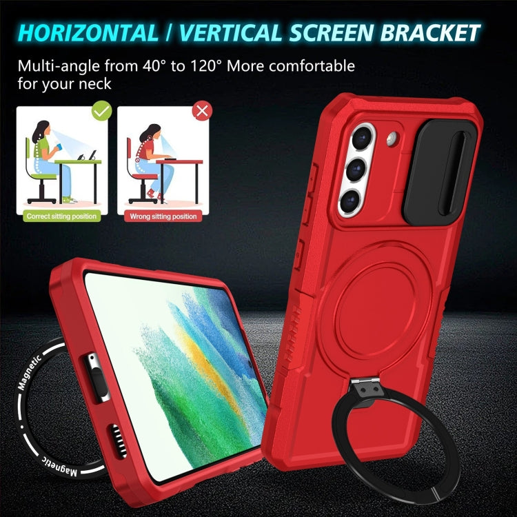 For Samsung Galaxy S21 FE 5G Sliding Camshield Magsafe Holder TPU Hybrid PC Phone Case(Red)