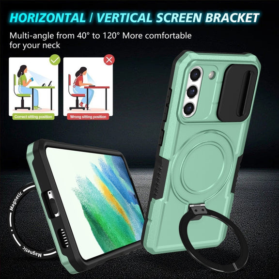 For Samsung Galaxy S21 FE 5G Sliding Camshield Magsafe Holder TPU Hybrid PC Phone Case(Light Blue)