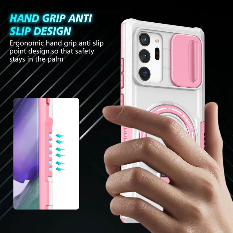 For Samsung Galaxy Note20 Ultra Sliding Camshield Magsafe Holder TPU Hybrid PC Phone Case(Pink White)