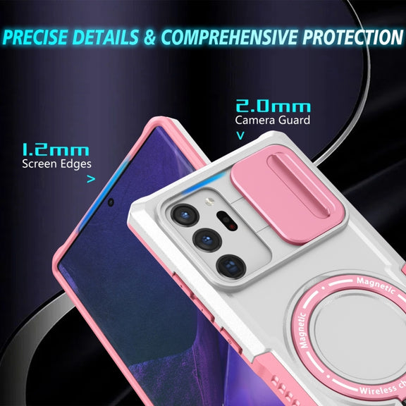 For Samsung Galaxy Note20 Ultra Sliding Camshield Magsafe Holder TPU Hybrid PC Phone Case(Pink White)