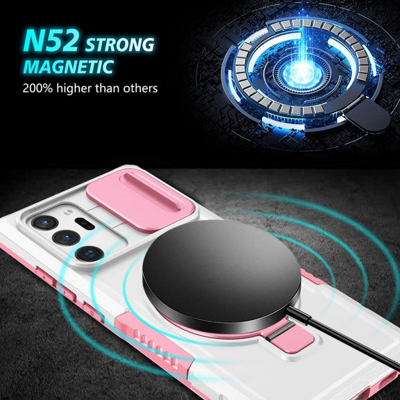 For Samsung Galaxy Note20 Ultra Sliding Camshield Magsafe Holder TPU Hybrid PC Phone Case(Pink White)