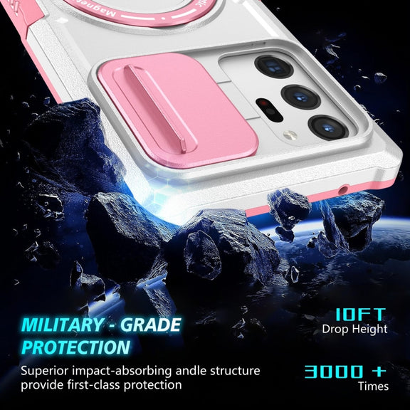 For Samsung Galaxy Note20 Ultra Sliding Camshield Magsafe Holder TPU Hybrid PC Phone Case(Pink White)