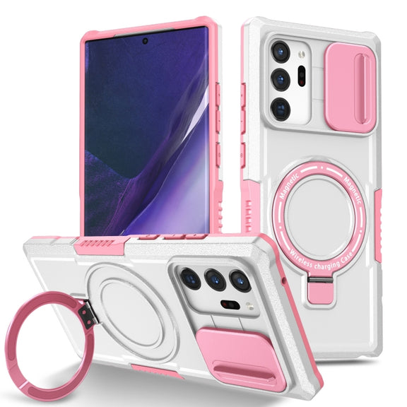 For Samsung Galaxy Note20 Ultra Sliding Camshield Magsafe Holder TPU Hybrid PC Phone Case(Pink White)