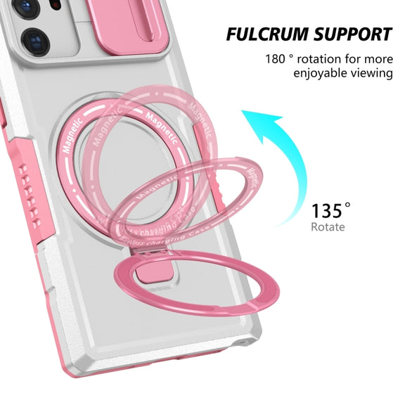 For Samsung Galaxy Note20 Ultra Sliding Camshield Magsafe Holder TPU Hybrid PC Phone Case(Pink White)