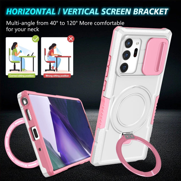 For Samsung Galaxy Note20 Ultra Sliding Camshield Magsafe Holder TPU Hybrid PC Phone Case(Pink White)