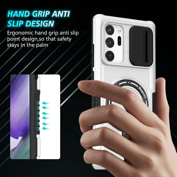 For Samsung Galaxy Note20 Ultra Sliding Camshield Magsafe Holder TPU Hybrid PC Phone Case(Black White)