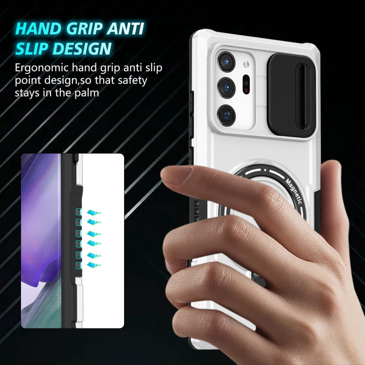 For Samsung Galaxy Note20 Ultra Sliding Camshield Magsafe Holder TPU Hybrid PC Phone Case(Black White)