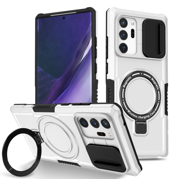 For Samsung Galaxy Note20 Ultra Sliding Camshield Magsafe Holder TPU Hybrid PC Phone Case(Black White)