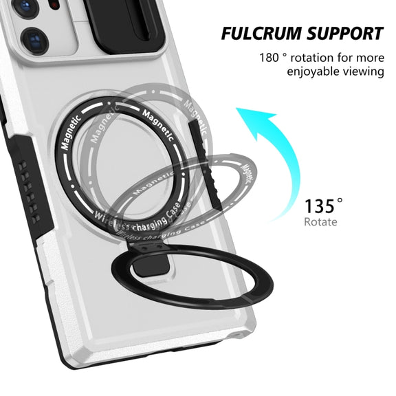 For Samsung Galaxy Note20 Ultra Sliding Camshield Magsafe Holder TPU Hybrid PC Phone Case(Black White)