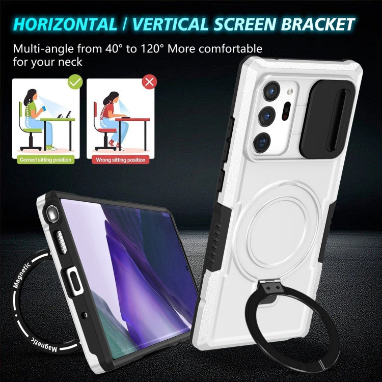 For Samsung Galaxy Note20 Ultra Sliding Camshield Magsafe Holder TPU Hybrid PC Phone Case(Black White)