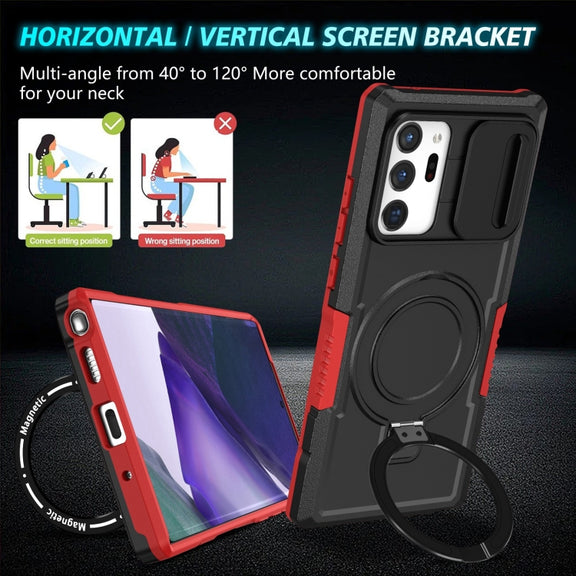 For Samsung Galaxy Note20 Ultra Sliding Camshield Magsafe Holder TPU Hybrid PC Phone Case(Black Red)