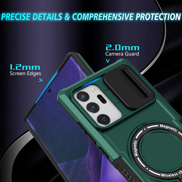 For Samsung Galaxy Note20 Ultra Sliding Camshield Magsafe Holder TPU Hybrid PC Phone Case(Deep Green)