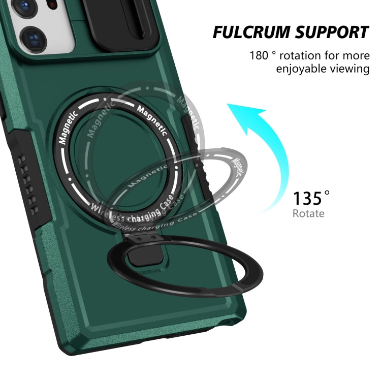 For Samsung Galaxy Note20 Ultra Sliding Camshield Magsafe Holder TPU Hybrid PC Phone Case(Deep Green)