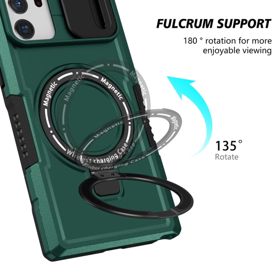 For Samsung Galaxy Note20 Ultra Sliding Camshield Magsafe Holder TPU Hybrid PC Phone Case(Deep Green)