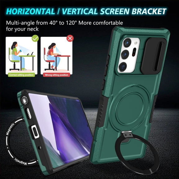 For Samsung Galaxy Note20 Ultra Sliding Camshield Magsafe Holder TPU Hybrid PC Phone Case(Deep Green)